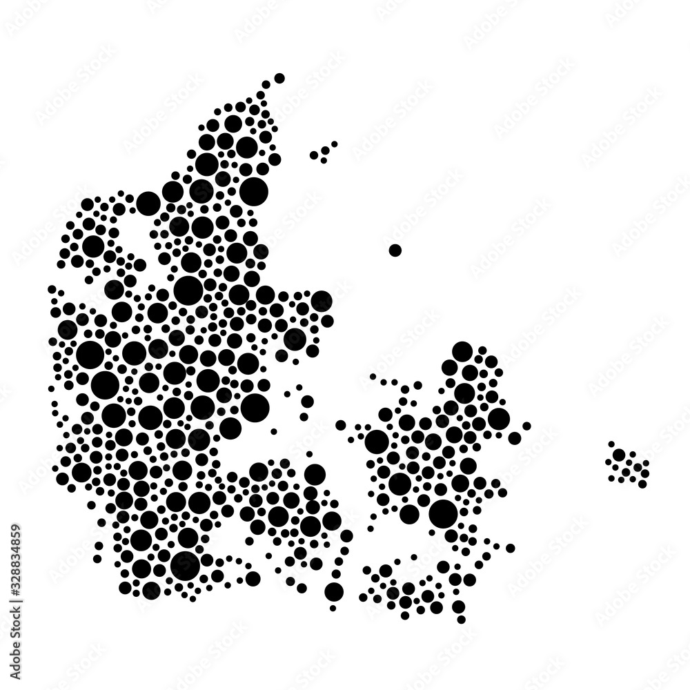 Denmark map from black circles of different diameters or spots, blotches, abstract concept geometric shape. Vector illustration. Denmark map from black circles of different diameters or spots, blotches, abstract concept geometric shape. Vector illustration.