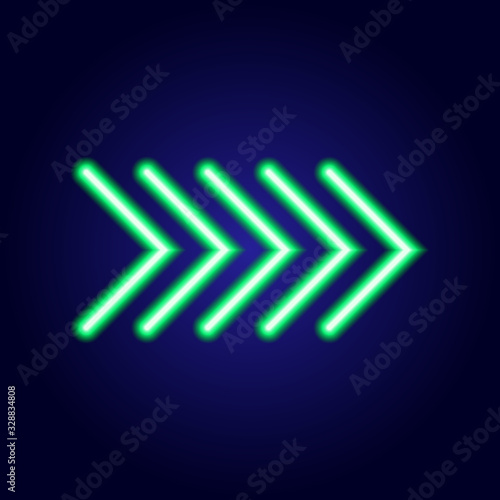 Neon glowing green arrow pointer luminescence lines on classic blue dark background. Vector illustration.