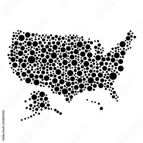United States of America USA map from black circles of different diameters or spots, blotches, abstract concept geometric shape. Vector illustration.