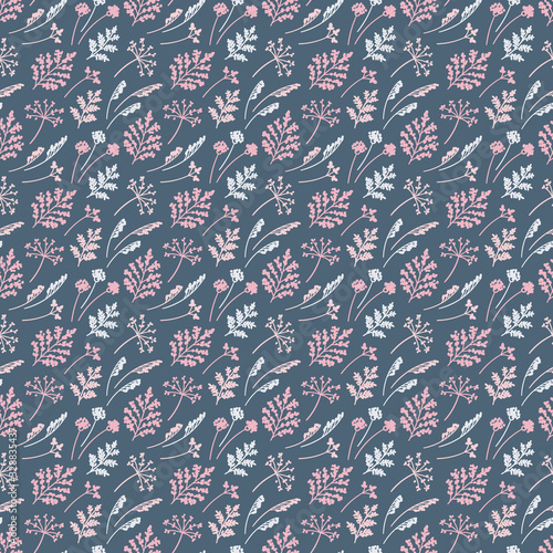 abstract floral pattern with hand-drawn herb leaves and flowers