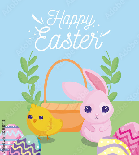 happy easter design of basket with cute rabbit and chicken, colorful design
