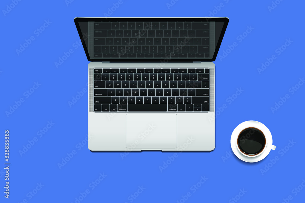 Top view office desk with laptop. Flat lay of minimal work space desk. notebook and coffee cup on blue color background. Panoramic banner with copy space. Realistic objects isolated. Vector illustrati Top view office desk with laptop. Flat lay of minimal work space desk. notebook and coffee cup on blue color background. Panoramic banner with copy space. Realistic objects isolated. Vector illustrati