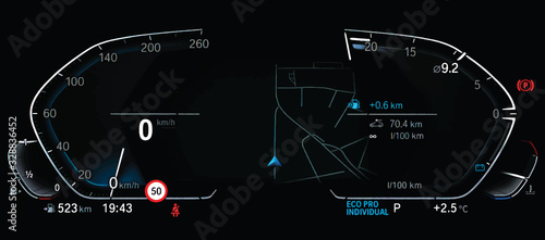 Illustration of full digital instrument cluster with navigation screen in center. Blue illuminated car dashboard panel with speedometer, fuel and temperature gauge and average fuel consumption display