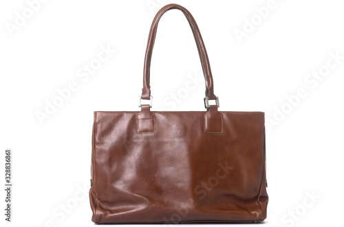 brown leather female bag on a handle on a white background