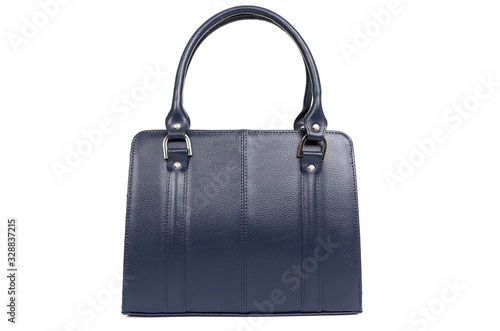 leather female blue bag on the handle on a white background