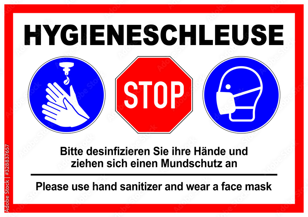 ks529 Kombi-Schild - deutsch: Hygieneschleuse - Desinfizieren Sie ihre  Hände und ziehen sich einen Mundschutz an - zweisprachig -