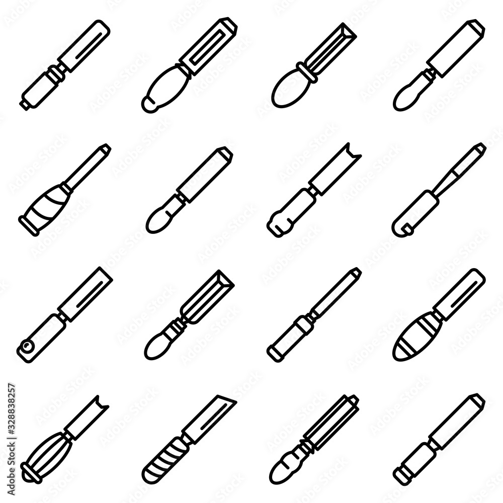 Chisel icons set. Outline set of chisel vector icons for web design isolated on white background Chisel icons set. Outline set of chisel vector icons for web design isolated on white background
