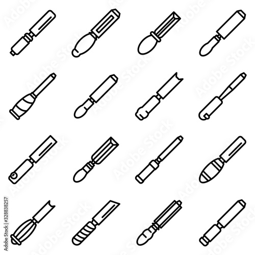Chisel icons set. Outline set of chisel vector icons for web design isolated on white background