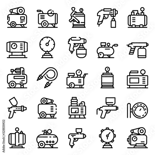 Air compressor icons set. Outline set of air compressor vector icons for web design isolated on white background