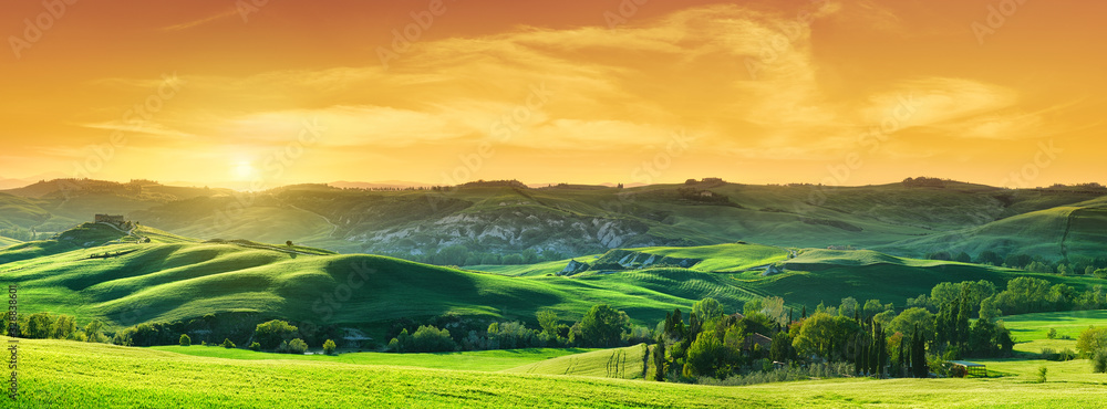 Fototapeta premium Idylliczny widok, zielone toskańskie wzgórza w świetle zachodzącego słońca