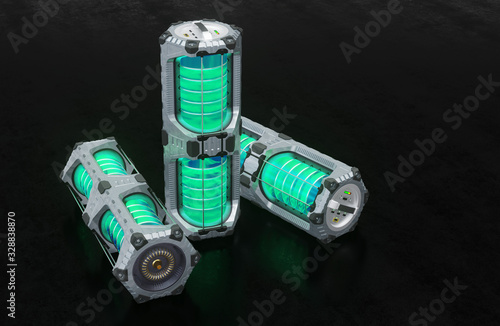 Front view of 3 SciFi Hexagonal Large Batteries including a green translucent cylinder