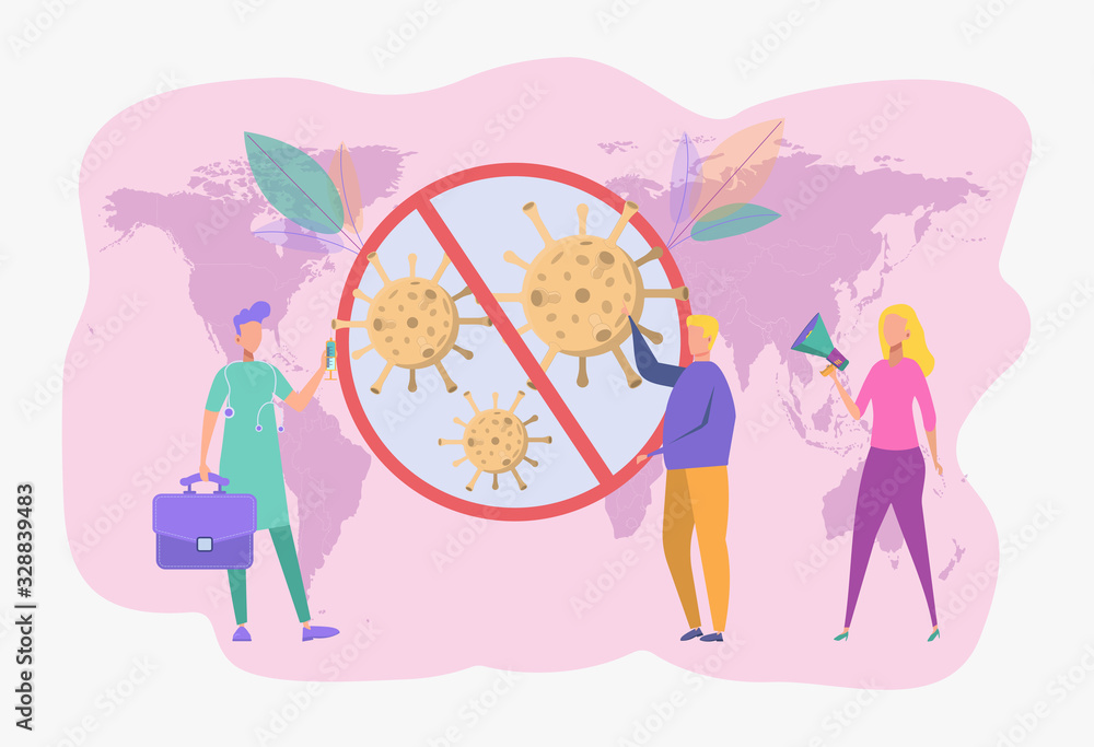 The concept of diagnosis and treatment of coronavirus COVID-2019. Doctors diagnose the deadly type of 2019 nKoV virus. Little scientists study the virus. Colorful vector illustration