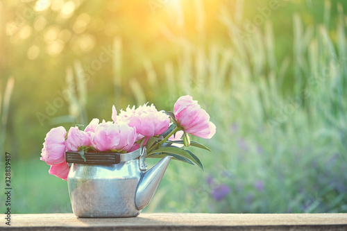 Tableau sur toile Gentle pink peony Flowers in metal kettle, in garden