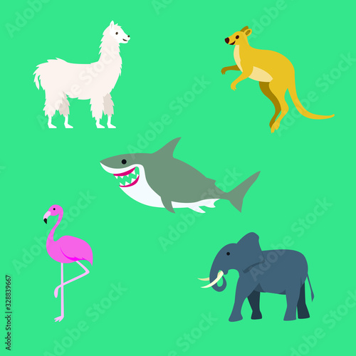 Set Cute of llama  flamingo  kangaroo  shark and elephant animal with cartoon flat style