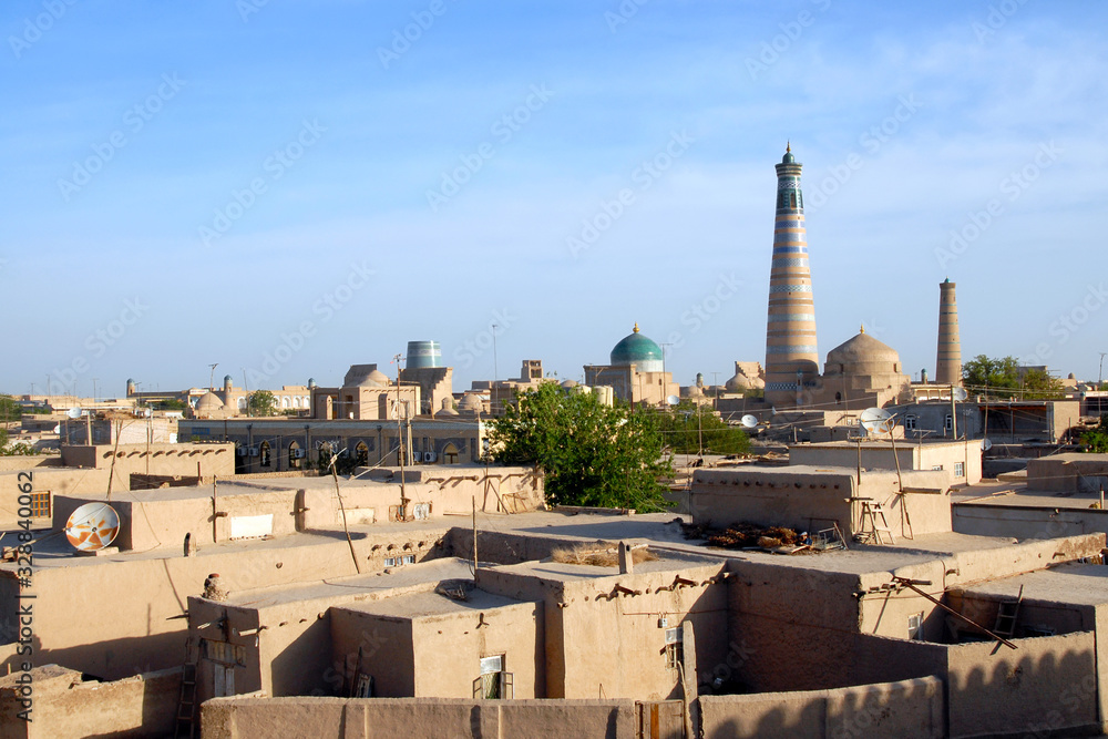 View at Itchan Kala (old or inner town). Khiva town, Uzbekistan.