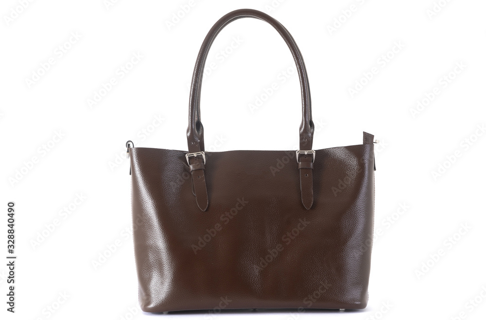 brown leather female bag on a handle on a white background brown leather female bag on a handle on a white background