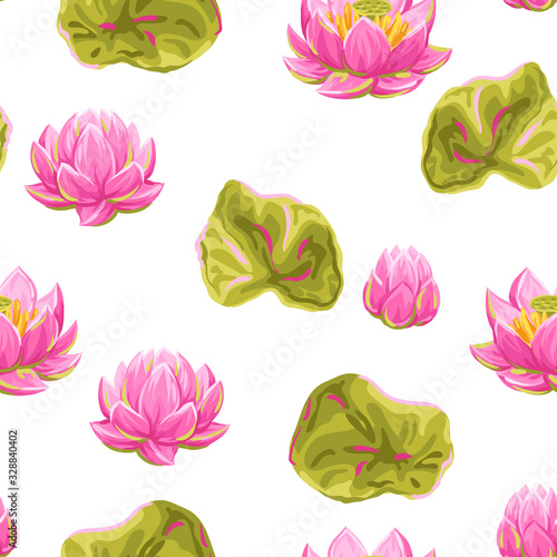 Seamless pattern with lotus flowers. Water lily decorative illustration.