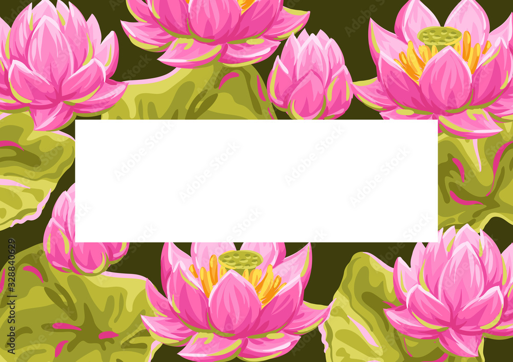 Background with lotus flowers. Water lily decorative illustration.