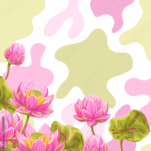 Background with lotus flowers. Water lily decorative illustration.