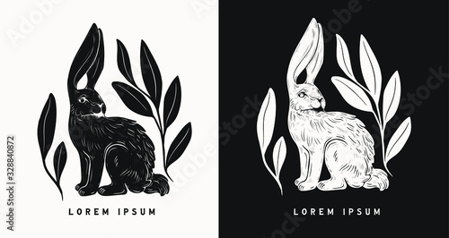 Easter rabbit isolated vector illustration in linocut style. Vintage stamp design of a bunny for print. Use for your creative graphic design projects, lithographs, postcards, invitations, tattoos.
