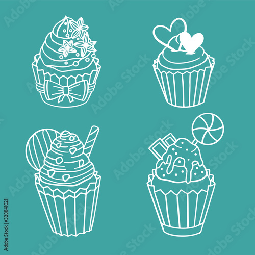 A set of muffins with a variety of fillings and decorations for the holiday. Hand drawn coloring with cupcakes, cakes, candies in doodle style isolated on white background.