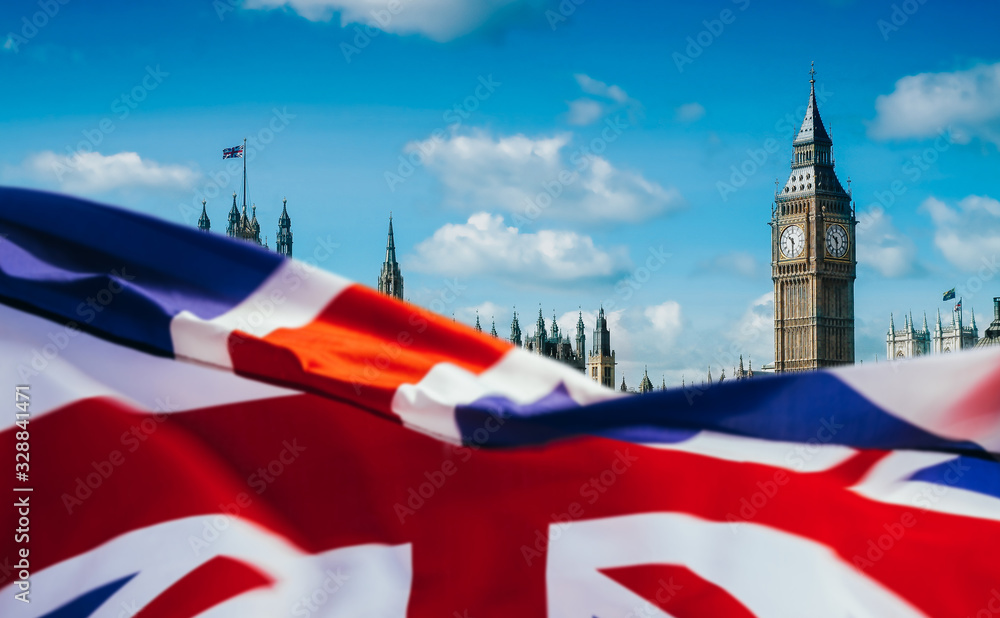Fototapeta premium United Kingdom flag and Big Ben. London background. 