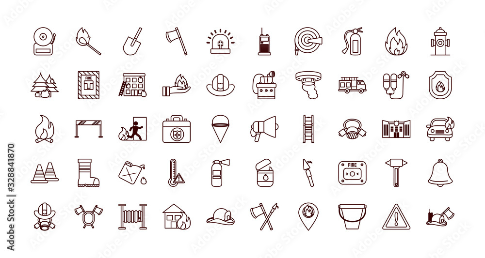 Fototapeta premium Fire and emergency line style icon set vector design