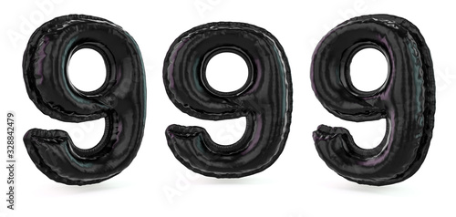 Number 9. Digital sign. Inflatable black balloon on background. 3D © polesnoy