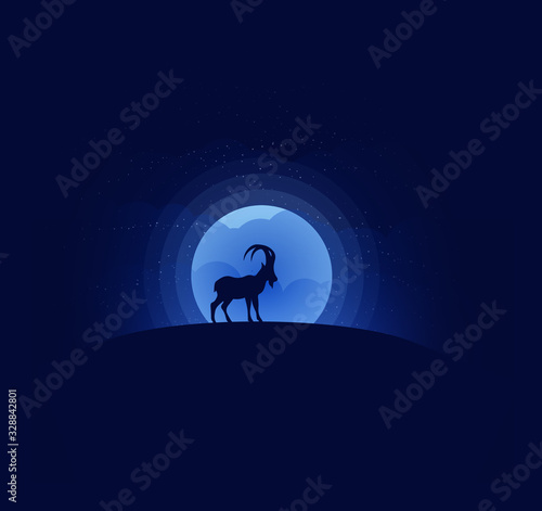 Silhouette of a ram on a blue background. Beautiful vector illustration of a wild horned animal. Moon, clouds, mist. © Ruslan