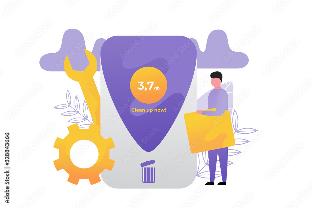 mobile app optimizer. cleaning junk file, cache, spam, browsing history and other. flat design illustration style. good for onboarding screen or app opening. vector graphics