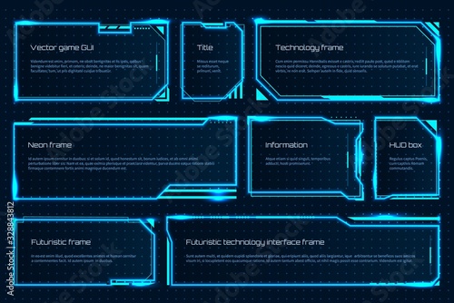 HUD game element. Futuristic tech screen template with text messages, warning technology frame. Vector attention interface hologram for gaming space management