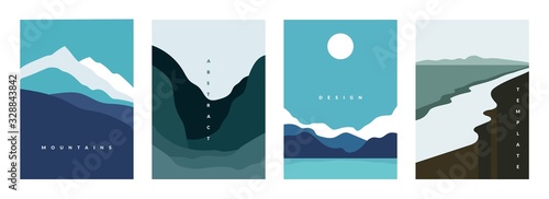 Mountain abstract poster. Geometric landscape banners with hills, rivers and lakes, minimalist nature scenes. Vector illustration graphic flyers with flows and curved stream