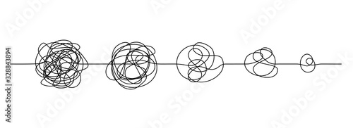 Doodle line knot. Messy hand drawn lines, chaos to simplicity and confusion to clarity concept. Vector illustration curve idea, thought process and multiple solutions