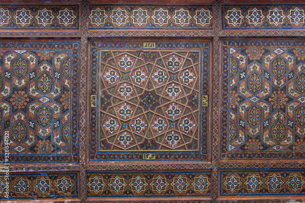 Old wooden ceiling in Kuhna Ark palace (fortress). Khiva, Uzbekistan.
