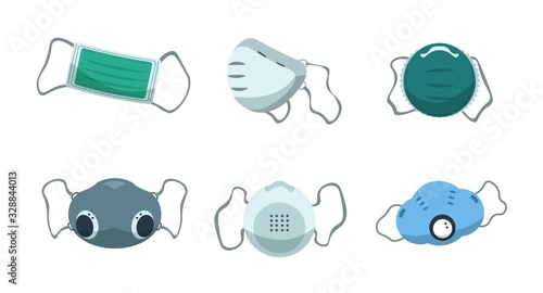 Face mask. Disposable medical protection for safety breathing, air pollution and virus spreading measurement. Vector cartoon respiratory masks set for industry dust protect