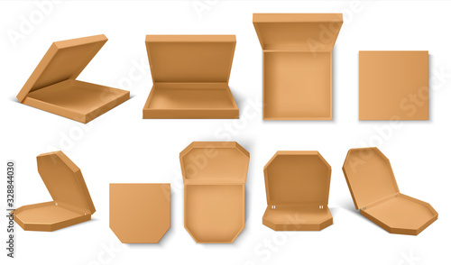 Pizza box. Realistic 3D craft food containers for pizza delivery service, blank mockup for brand identity. Vector empty box with open lid for pizza packaging set on white background