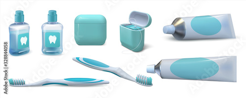 Realistic dental care. 3D toothpaste in tube, pair of toothbrushes, mouthwash and dental floss. Vector set of isolated oral hygiene products for cleaning the oral cavity