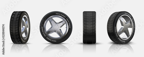 Realistic car tires. 3D isolated auto tyres with alloy rims, detailed car wheels with disk and rubber for flyers, brochures and banners. Vector set black auto tire with reflexion