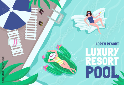 Luxury resort poster flat vector template. Private hotel pool. Woman sunbathing in air mattresses. Brochure, booklet one page concept design with cartoon characters. Tropical recreation flyer, leaflet