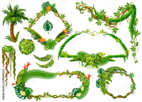 Cartoon tropical plants. Liana branches and forest jungle leaves, game frame elements with space for text. Vector isolated plants set on white backgrounds