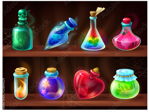 Potion bottles. Game alchemist liquids on wooden shelf, cartoon love potion, poison, magic elixir. Vector set of fantasy game chemical jars for magic alchemy laboratory