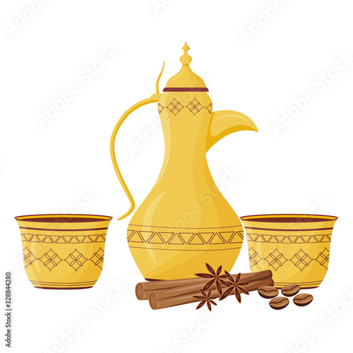 Golden dallah cartoon vector illustration. Oriental coffee ceremony. Spiced beverages. Traditional arabian set flat color objects. Antique turkish kettle isolated on white background