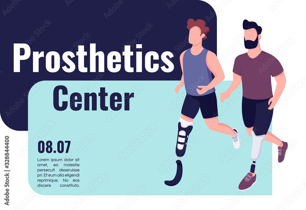 Prosthetics medical center banner flat vector template. Brochure, poster concept design with cartoon characters. People with artificial limbs horizontal flyer, leaflet with place for text
