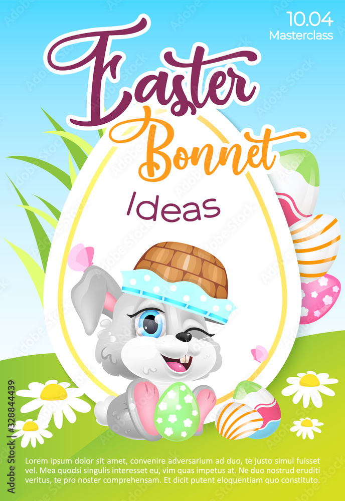 Easter bonnet poster flat vector template. Christian headcovering workshop. Brochure, booklet one page concept design with hare kawaii cartoon character. Spring holiday flyer, leaflet