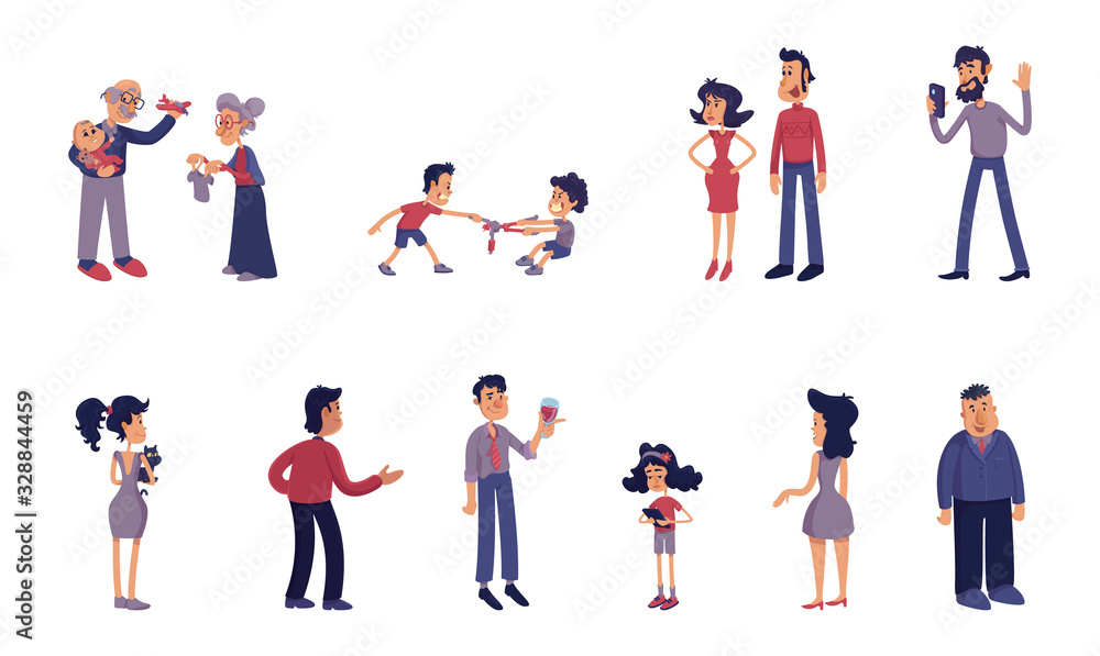 Adults and kids flat cartoon illustrations kit. Grandparents with baby, siblings, couple. Caucasian women and men. Ready to use 2d comic character set templates for commercial, animation, printing