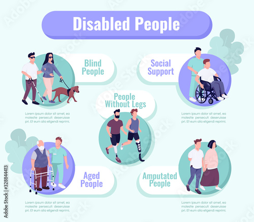 People with disability support flat color vector informational infographic template. Poster, booklet, PPT page concept design with cartoon characters. Advertising flyer, leaflet, info banner idea