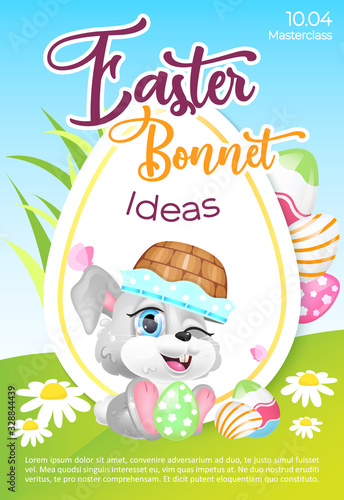Easter bonnet poster flat vector template. Christian headcovering workshop. Brochure  booklet one page concept design with hare kawaii cartoon character. Spring holiday flyer  leaflet