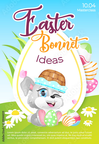 Easter bonnet poster flat vector template. Christian headcovering workshop. Brochure, booklet one page concept design with hare kawaii cartoon character. Spring holiday flyer, leaflet