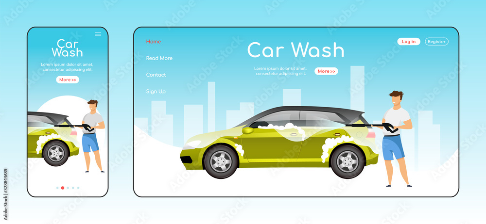Plakat Car wash responsive landing page flat color vector template. Auto cleaning homepage layout. One page website UI with cartoon character. Power washer use adaptive webpage cross platform design