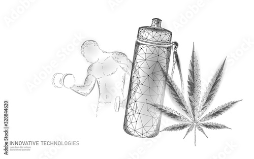 Hemp protein 3D sport drink concept. Bodybuilding nutrition supplement diet plant based powder. Vegan product weed superfood nutrient low poly vector illustration